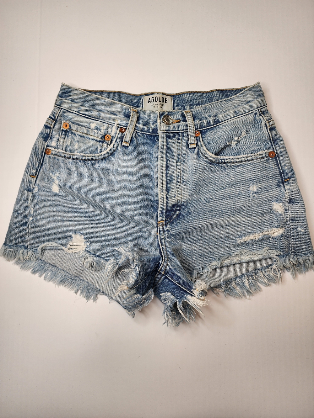 AGOLDE Light Blue Distressed Denim Shorts